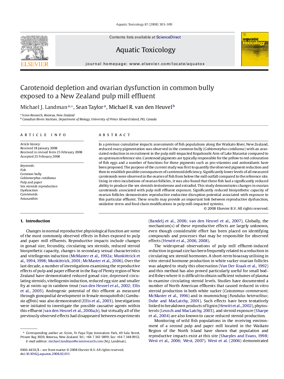 Carotenoid depletion and ovarian dysfunction in common bully exposed to a New Zealand pulp mill effluent