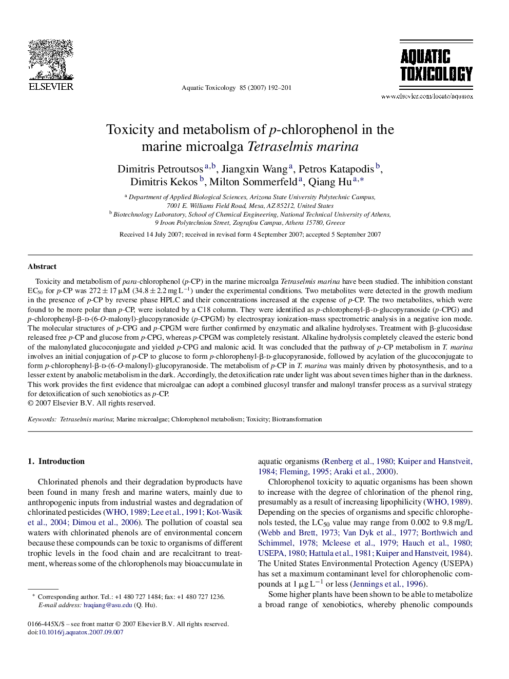 Toxicity and metabolism of p-chlorophenol in the marine microalga Tetraselmis marina