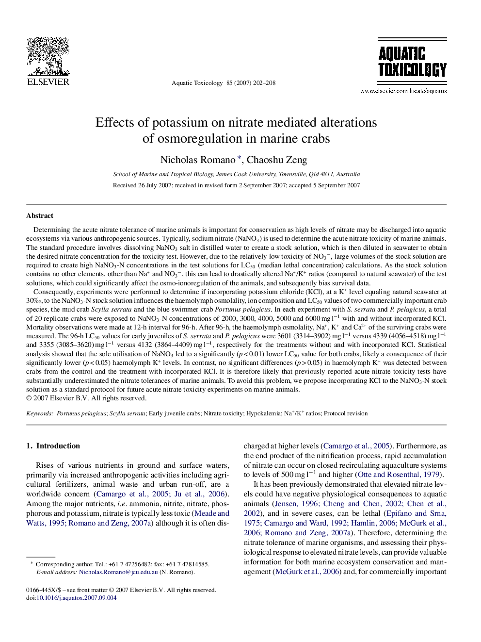 Effects of potassium on nitrate mediated alterations of osmoregulation in marine crabs