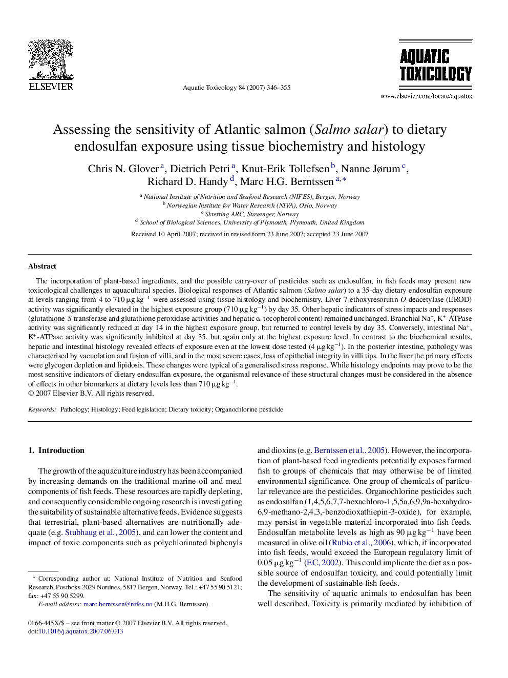 Assessing the sensitivity of Atlantic salmon (Salmo salar) to dietary endosulfan exposure using tissue biochemistry and histology