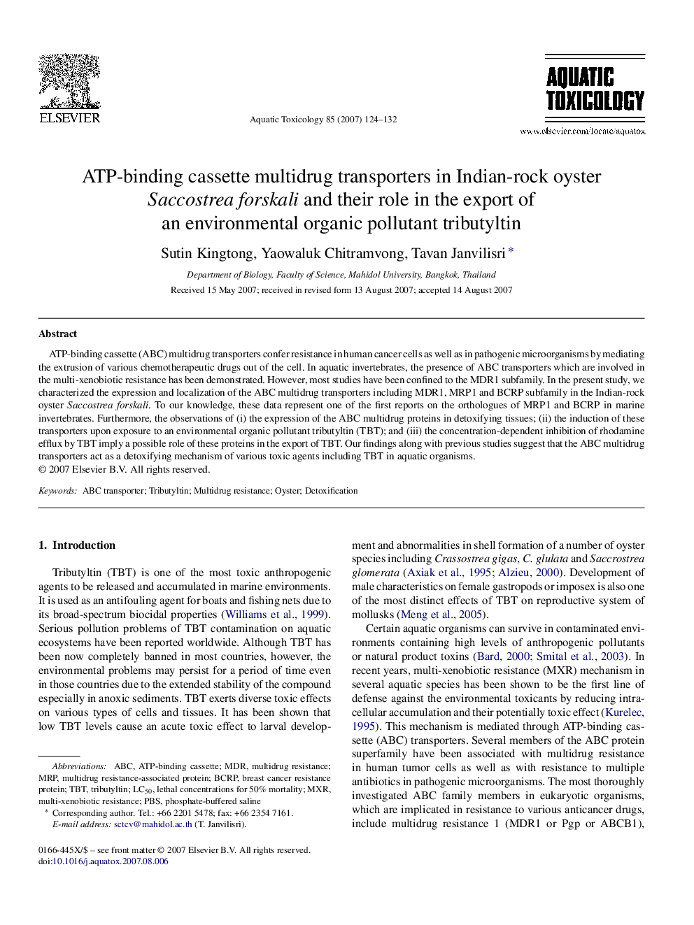 ATP-binding cassette multidrug transporters in Indian-rock oyster Saccostrea forskali and their role in the export of an environmental organic pollutant tributyltin