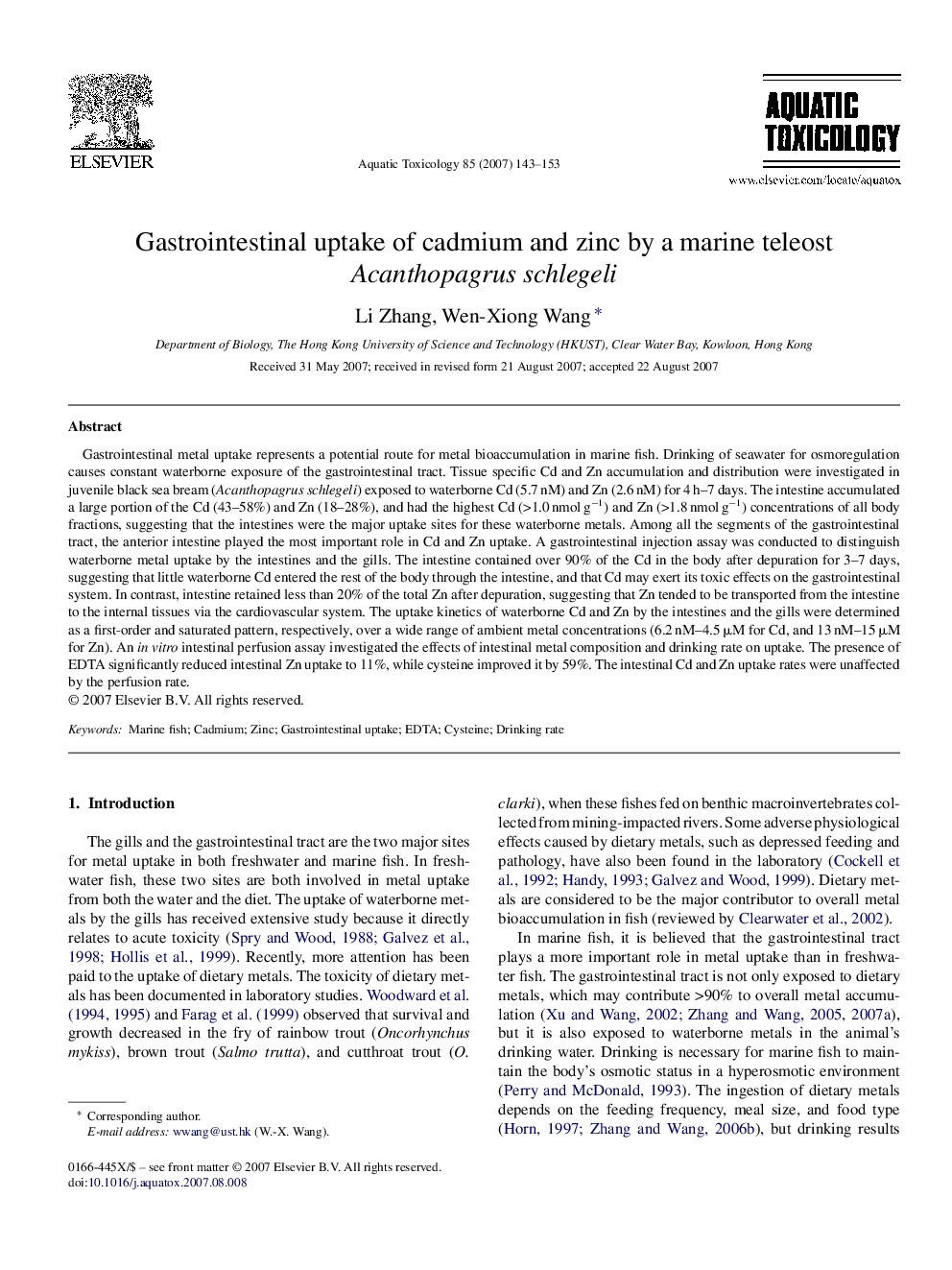 Gastrointestinal uptake of cadmium and zinc by a marine teleost Acanthopagrus schlegeli
