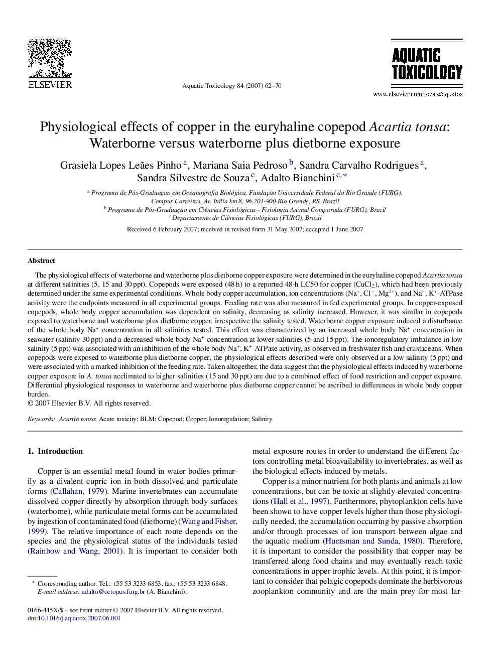 Physiological effects of copper in the euryhaline copepod Acartia tonsa: Waterborne versus waterborne plus dietborne exposure