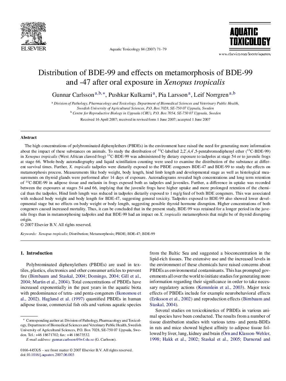 Distribution of BDE-99 and effects on metamorphosis of BDE-99 and -47 after oral exposure in Xenopus tropicalis