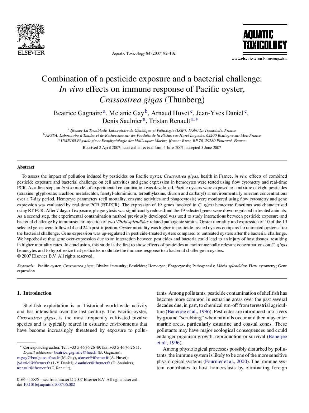 Combination of a pesticide exposure and a bacterial challenge: In vivo effects on immune response of Pacific oyster, Crassostrea gigas (Thunberg)