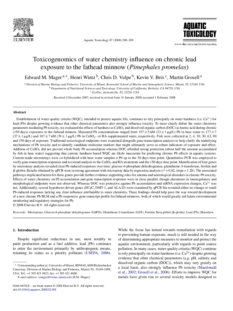 Toxicogenomics of water chemistry influence on chronic lead exposure to the fathead minnow (Pimephales promelas)