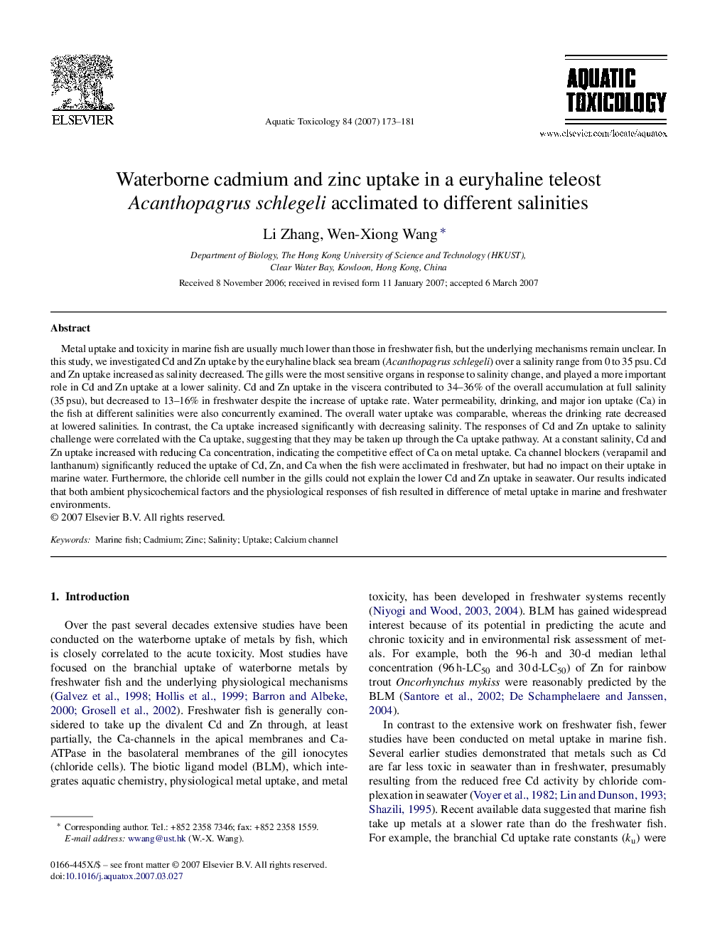 Waterborne cadmium and zinc uptake in a euryhaline teleost Acanthopagrus schlegeli acclimated to different salinities