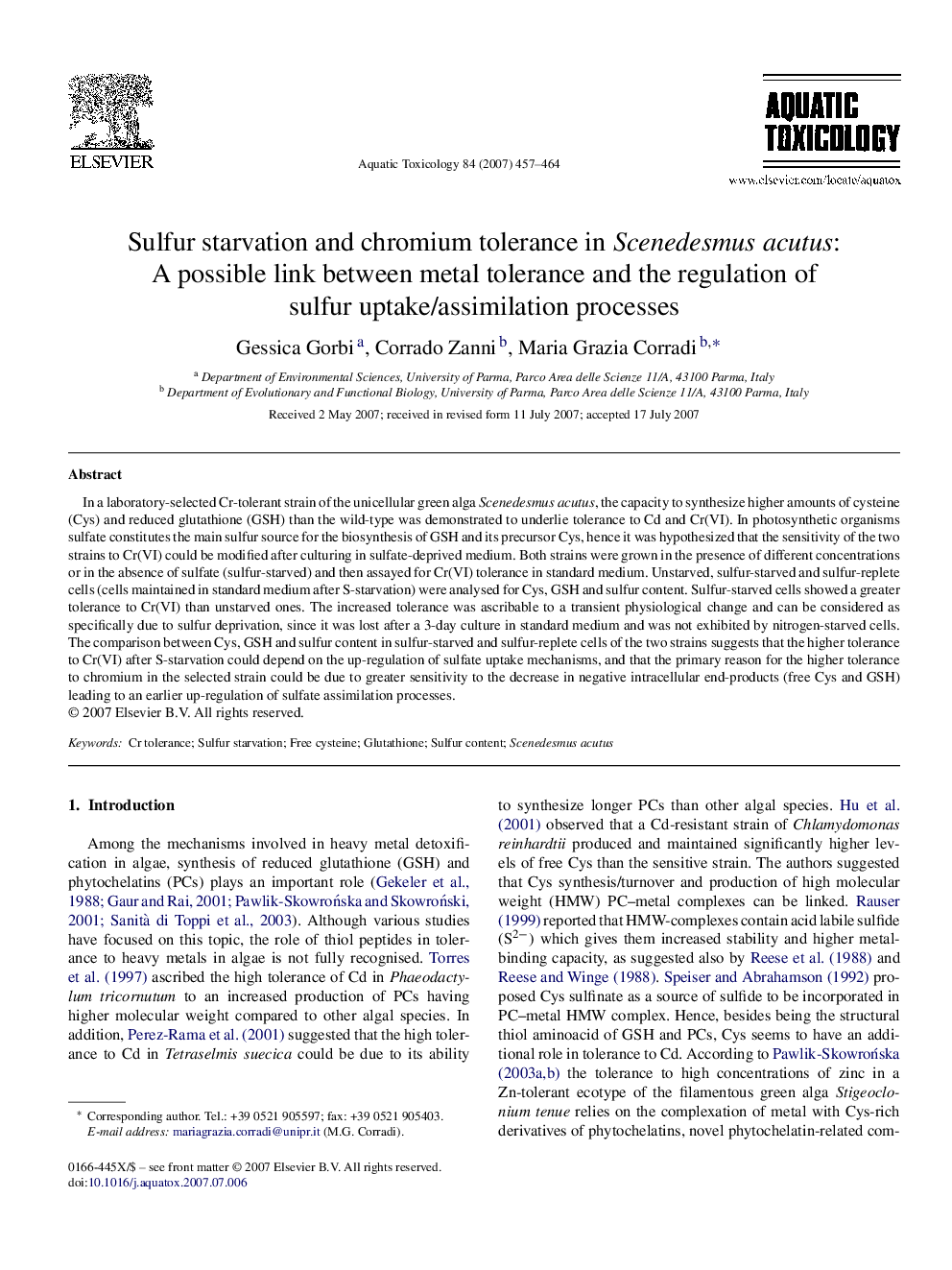 Sulfur starvation and chromium tolerance in Scenedesmus acutus: A possible link between metal tolerance and the regulation of sulfur uptake/assimilation processes