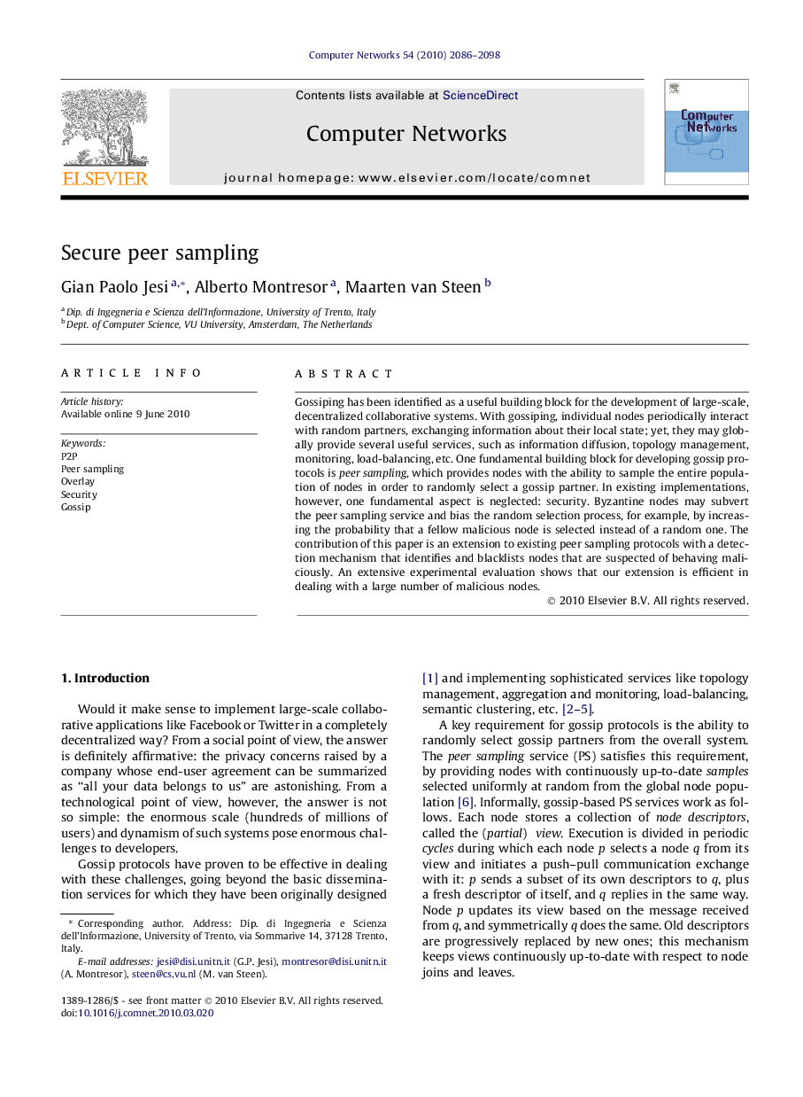 Secure peer sampling