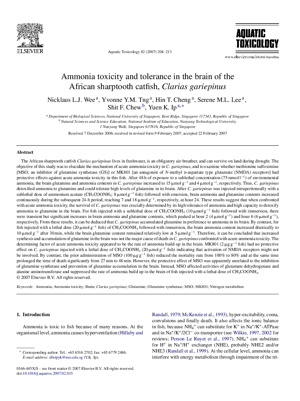 Ammonia toxicity and tolerance in the brain of the African sharptooth catfish, Clarias gariepinus