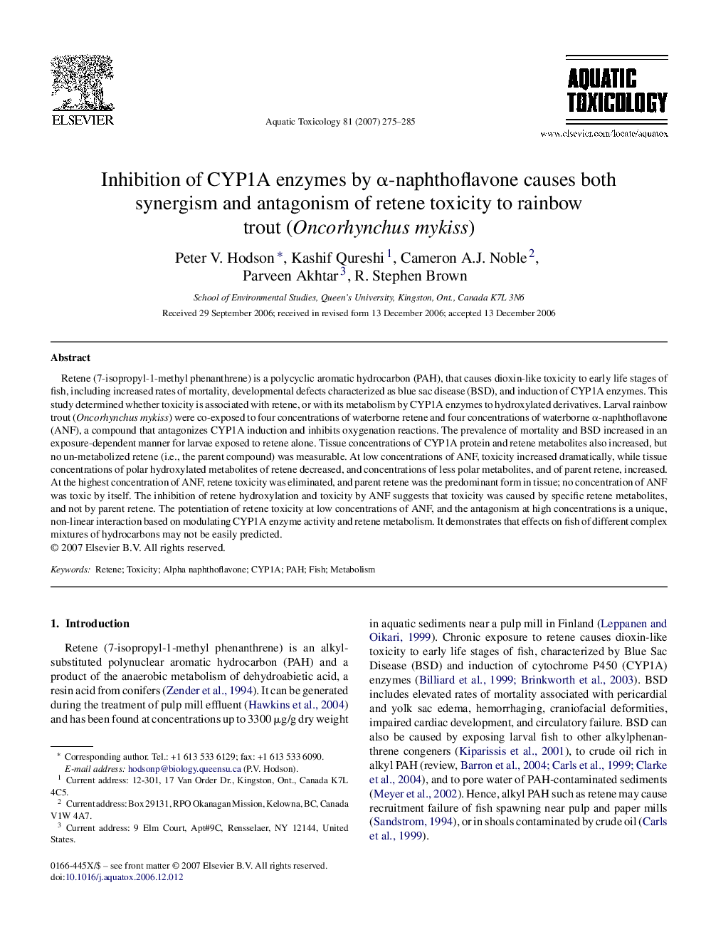 Inhibition of CYP1A enzymes by α-naphthoflavone causes both synergism and antagonism of retene toxicity to rainbow trout (Oncorhynchus mykiss)