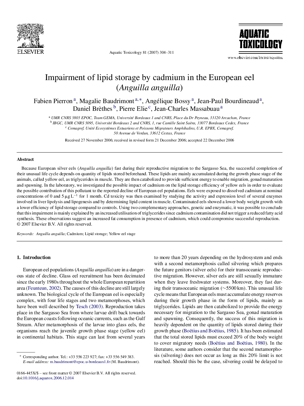 Impairment of lipid storage by cadmium in the European eel (Anguilla anguilla)