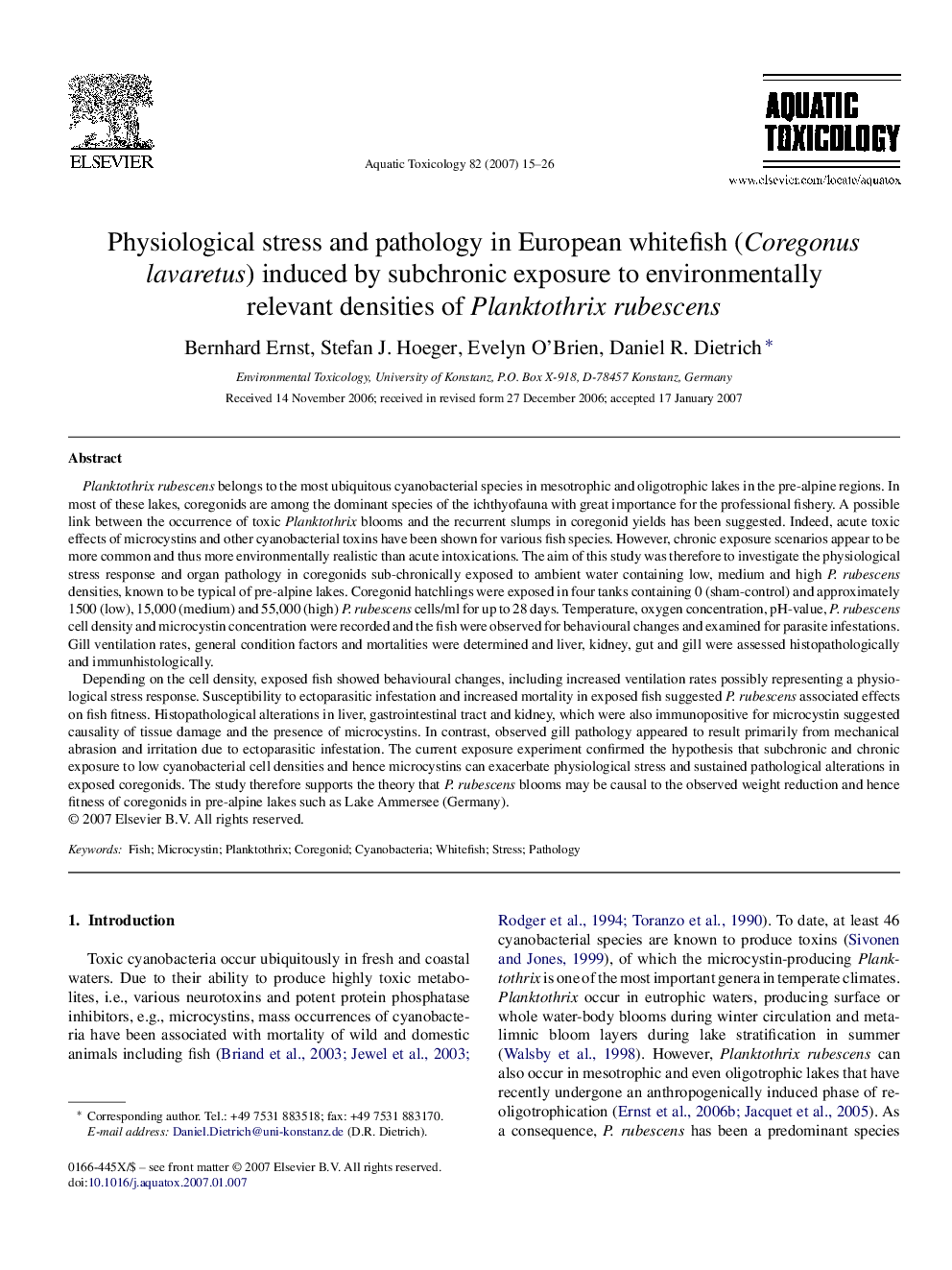 Physiological stress and pathology in European whitefish (Coregonus lavaretus) induced by subchronic exposure to environmentally relevant densities of Planktothrix rubescens