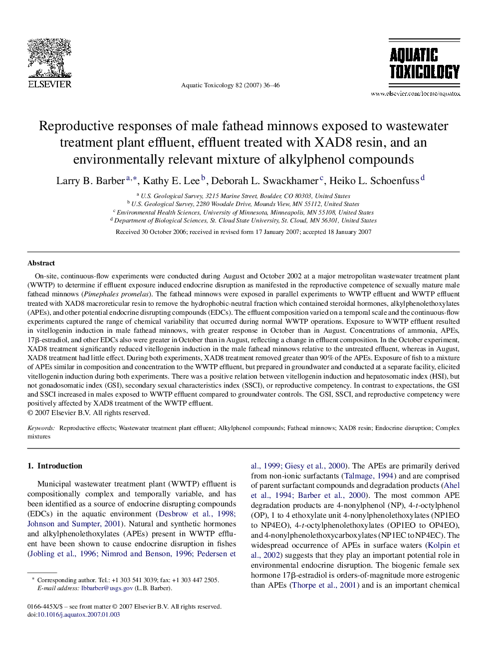 Reproductive responses of male fathead minnows exposed to wastewater treatment plant effluent, effluent treated with XAD8 resin, and an environmentally relevant mixture of alkylphenol compounds