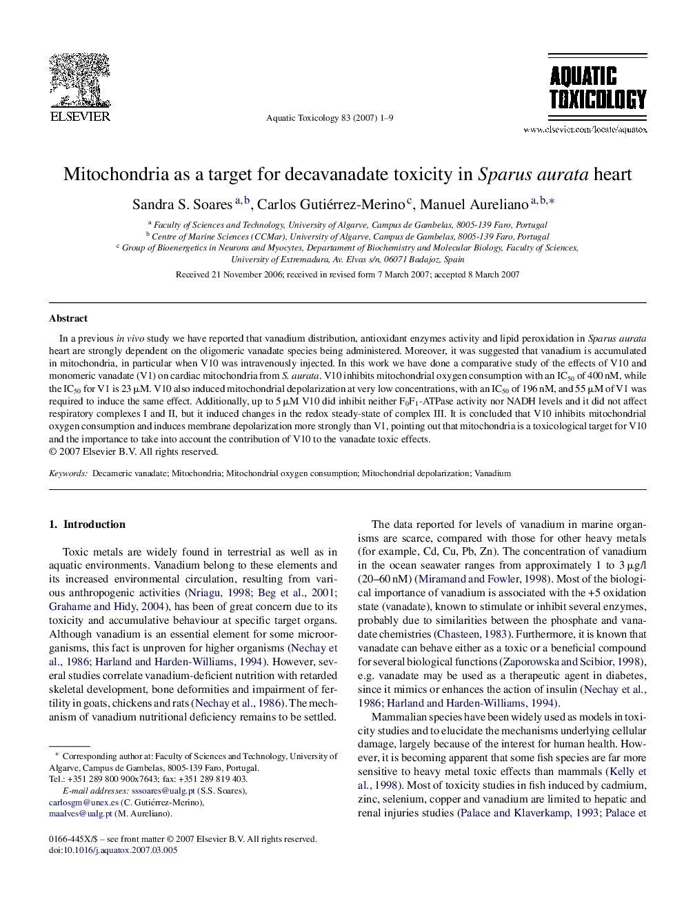 Mitochondria as a target for decavanadate toxicity in Sparus aurata heart