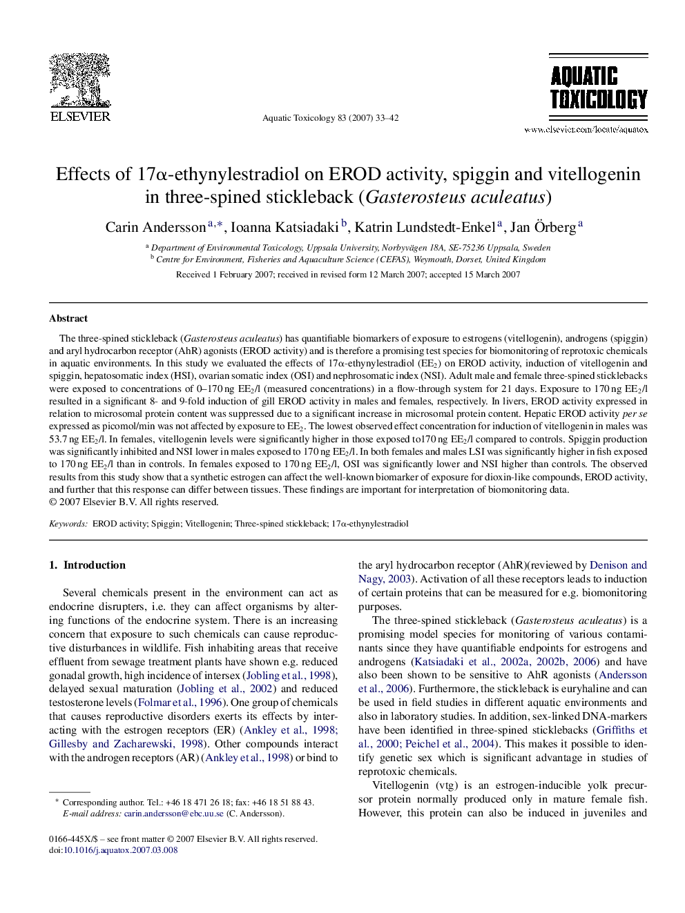 Effects of 17α-ethynylestradiol on EROD activity, spiggin and vitellogenin in three-spined stickleback (Gasterosteus aculeatus)