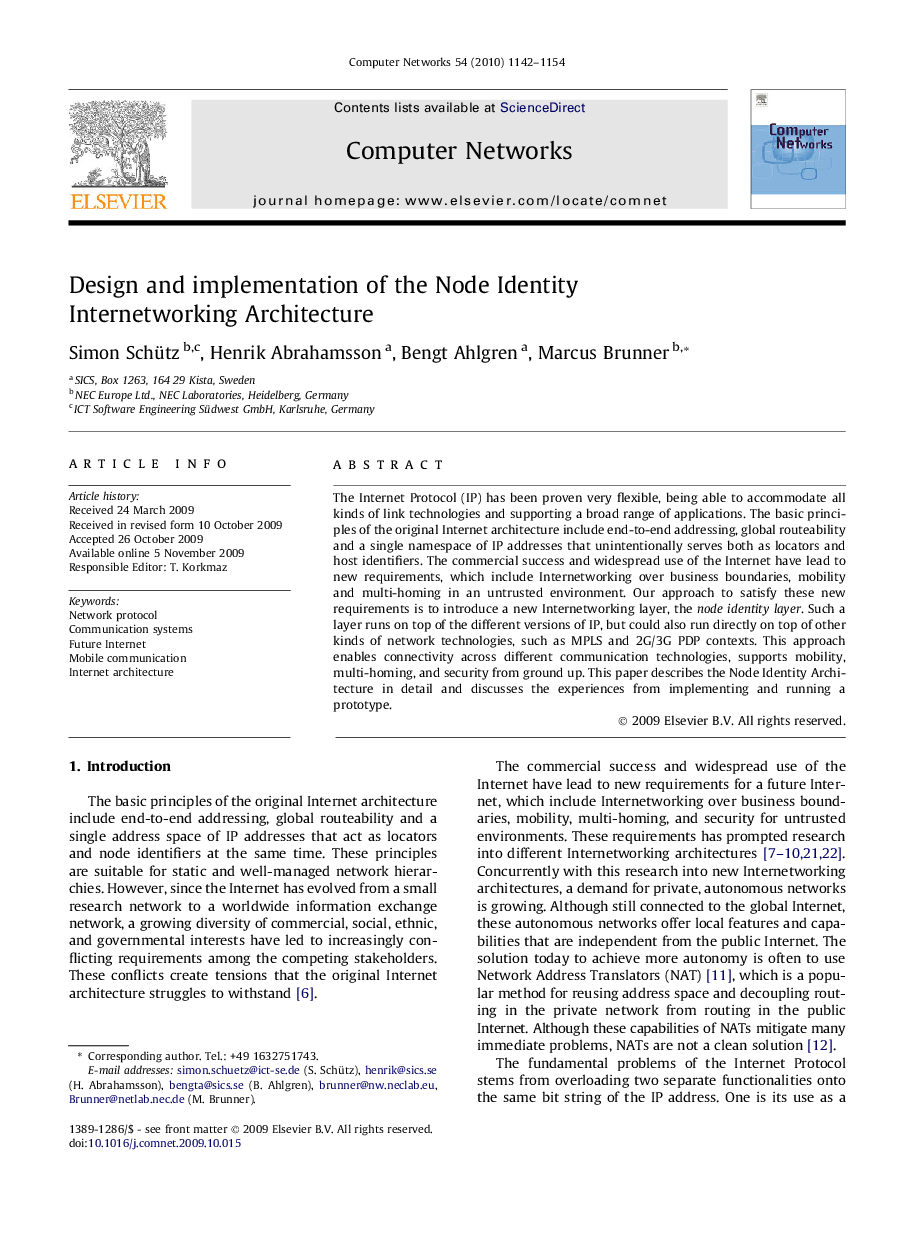 Design and implementation of the Node Identity Internetworking Architecture