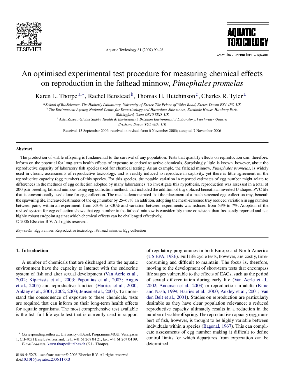 An optimised experimental test procedure for measuring chemical effects on reproduction in the fathead minnow, Pimephales promelas