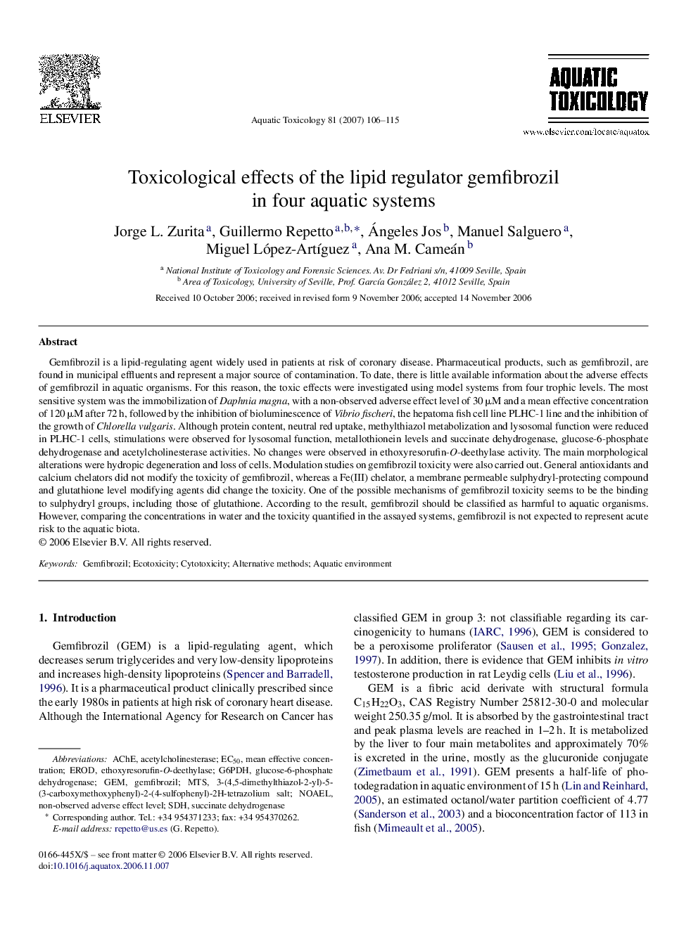 Toxicological effects of the lipid regulator gemfibrozil in four aquatic systems