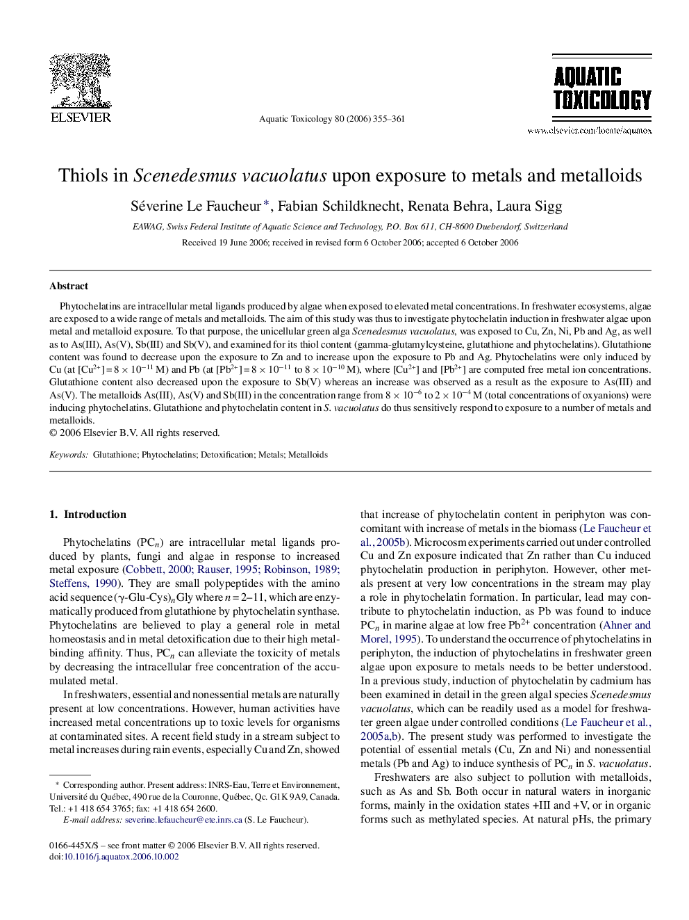 Thiols in Scenedesmus vacuolatus upon exposure to metals and metalloids