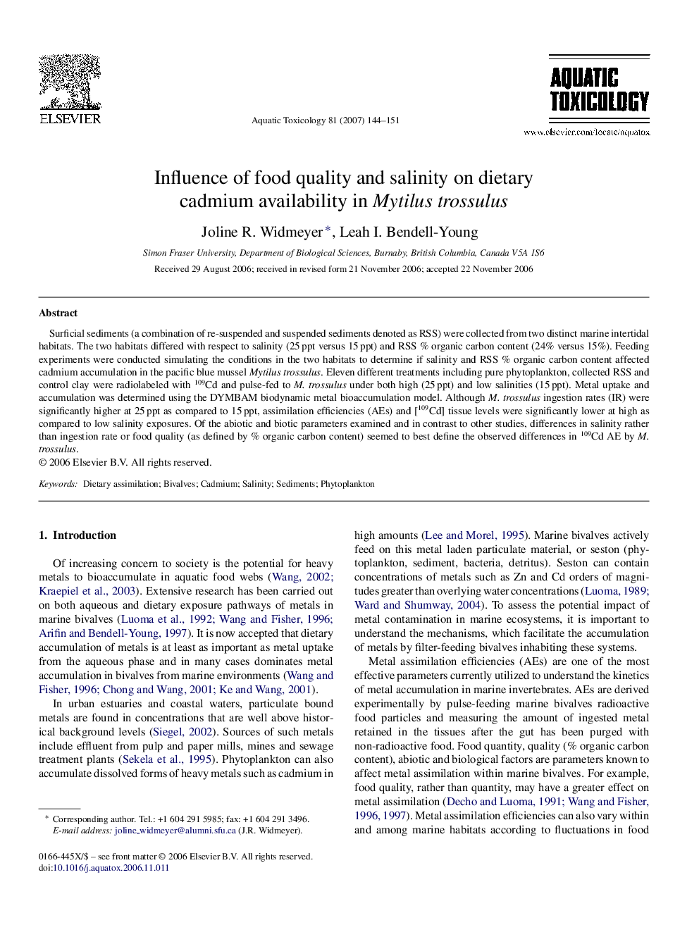 Influence of food quality and salinity on dietary cadmium availability in Mytilus trossulus