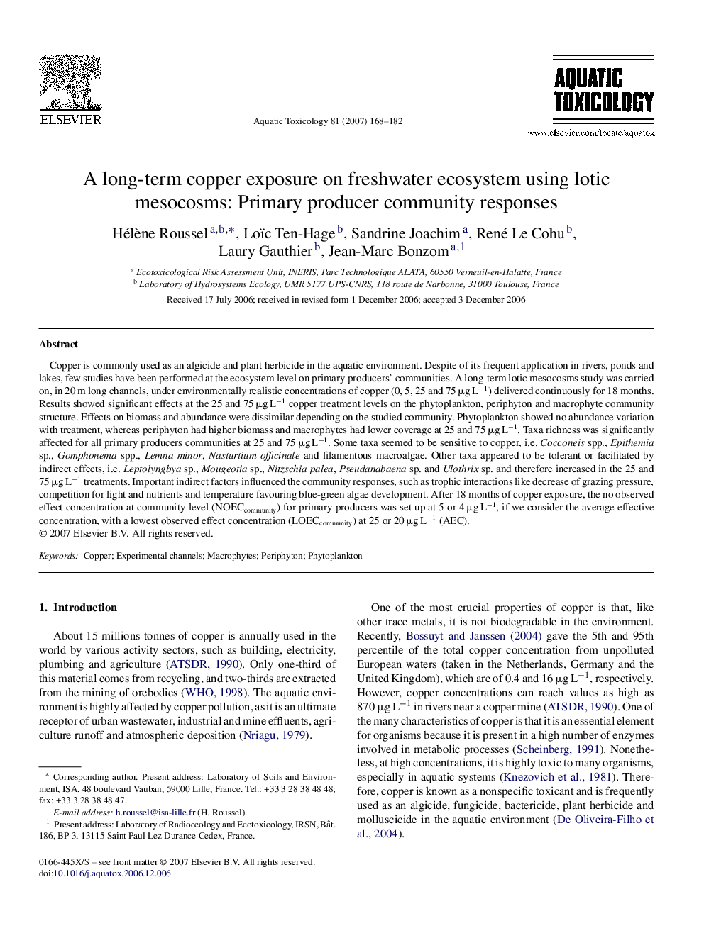 A long-term copper exposure on freshwater ecosystem using lotic mesocosms: Primary producer community responses