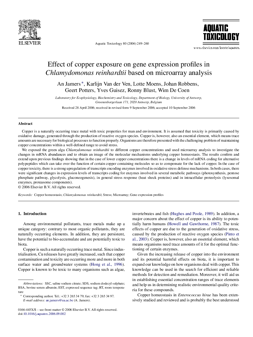 Effect of copper exposure on gene expression profiles in Chlamydomonas reinhardtii based on microarray analysis