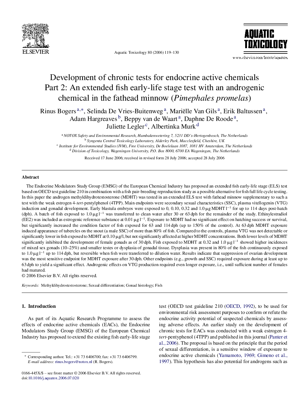 Development of chronic tests for endocrine active chemicals: Part 2: An extended fish early-life stage test with an androgenic chemical in the fathead minnow (Pimephales promelas)