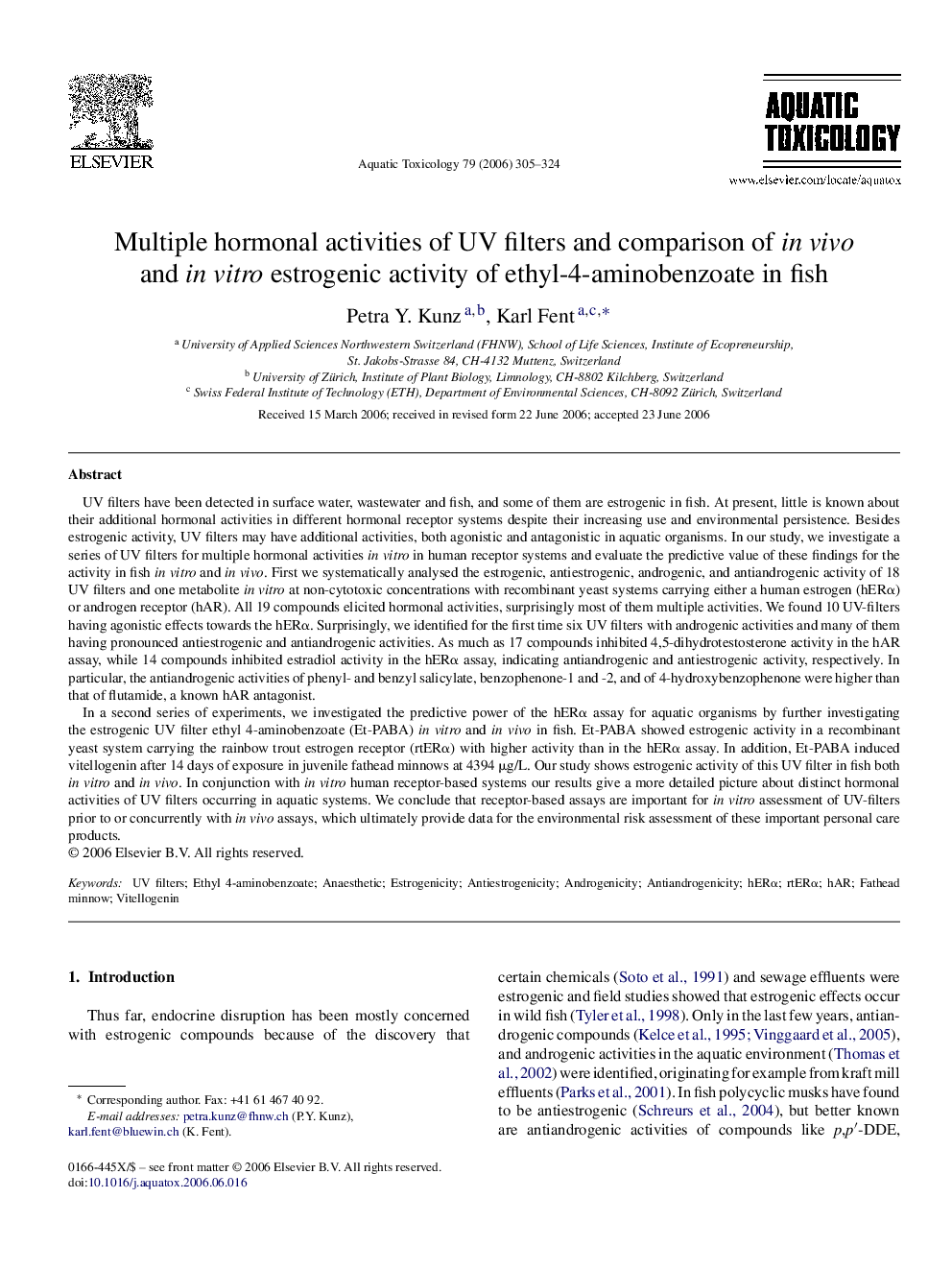 Multiple hormonal activities of UV filters and comparison of in vivo and in vitro estrogenic activity of ethyl-4-aminobenzoate in fish