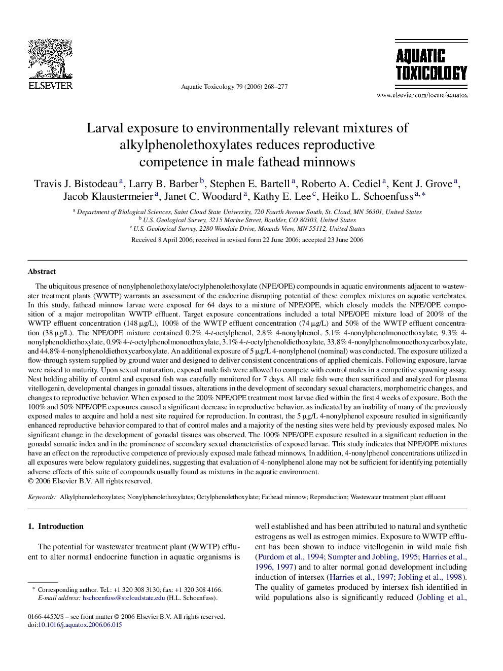 Larval exposure to environmentally relevant mixtures of alkylphenolethoxylates reduces reproductive competence in male fathead minnows