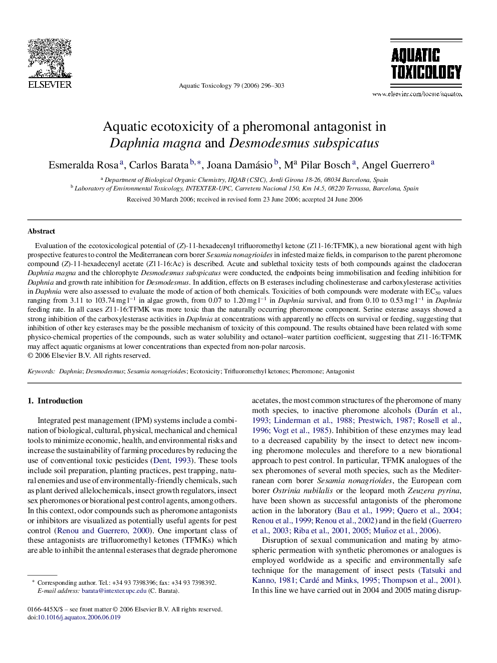 Aquatic ecotoxicity of a pheromonal antagonist in Daphnia magna and Desmodesmus subspicatus