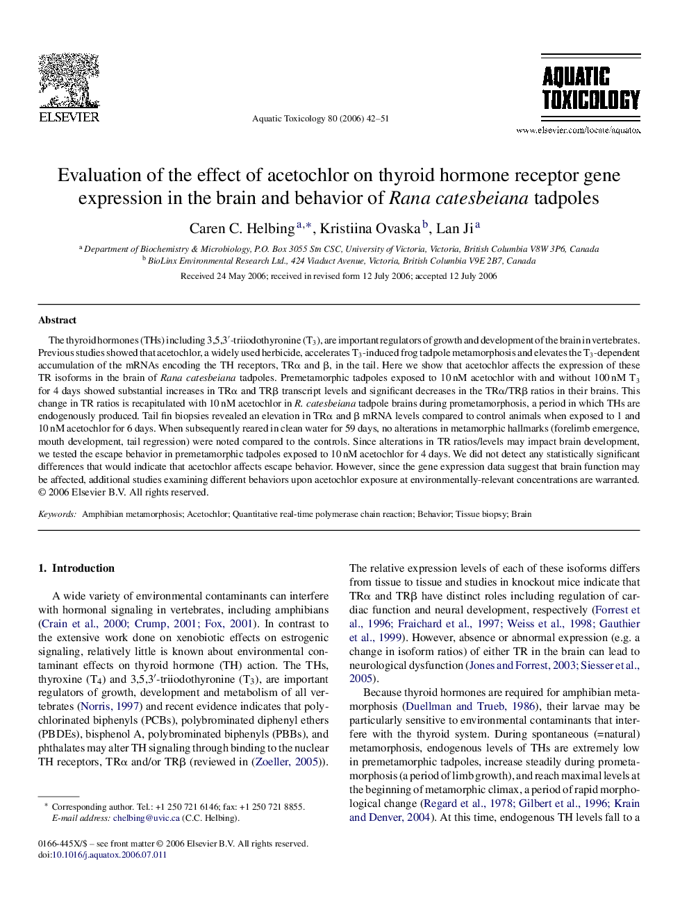 Evaluation of the effect of acetochlor on thyroid hormone receptor gene expression in the brain and behavior of Rana catesbeiana tadpoles