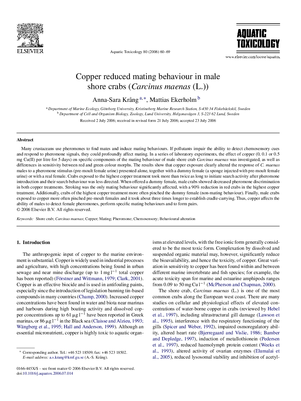 Copper reduced mating behaviour in male shore crabs (Carcinus maenas (L.))