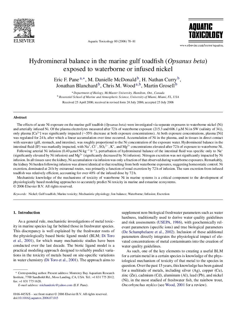 Hydromineral balance in the marine gulf toadfish (Opsanus beta) exposed to waterborne or infused nickel