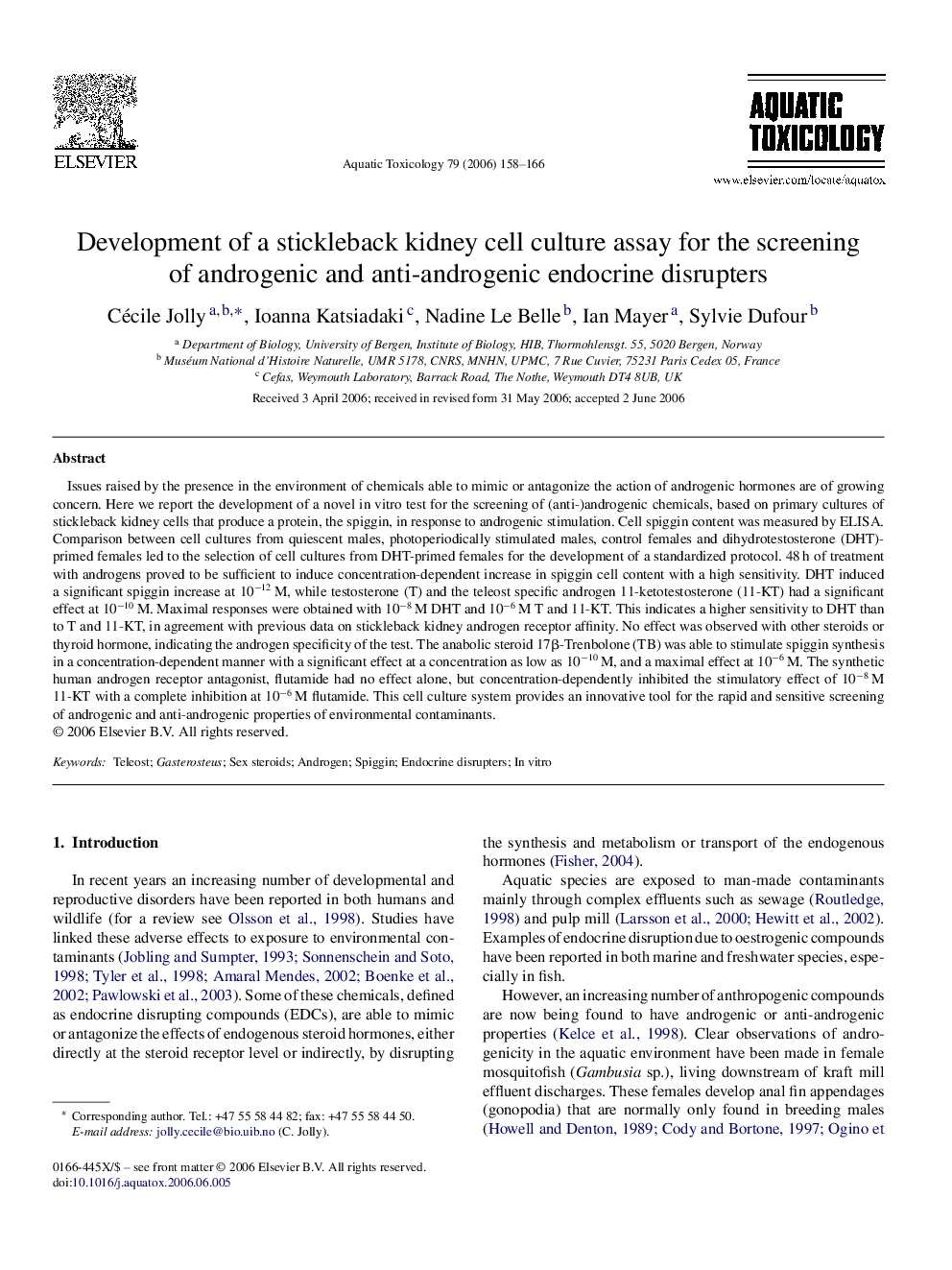 Development of a stickleback kidney cell culture assay for the screening of androgenic and anti-androgenic endocrine disrupters