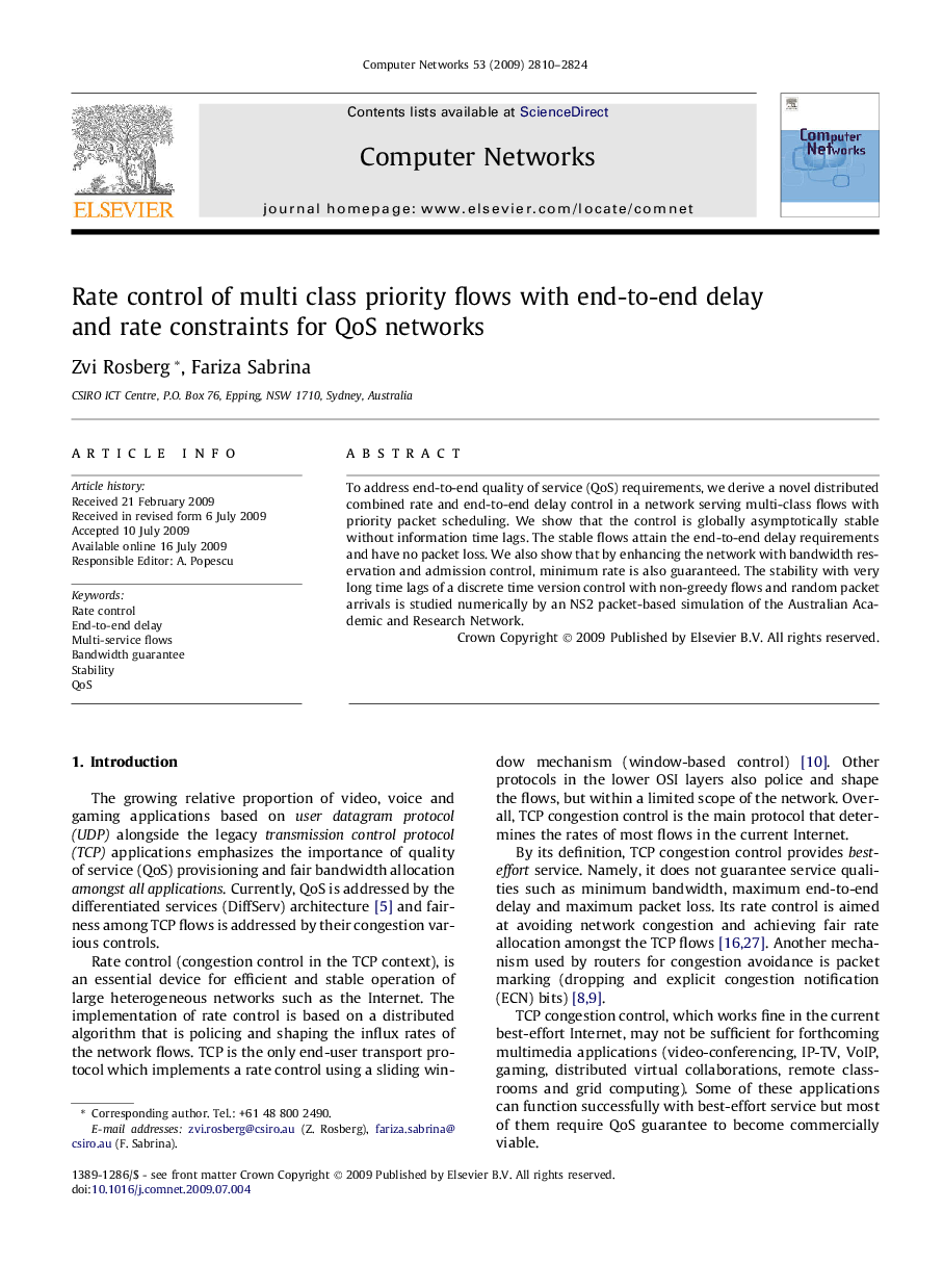 Rate control of multi class priority flows with end-to-end delay and rate constraints for QoS networks