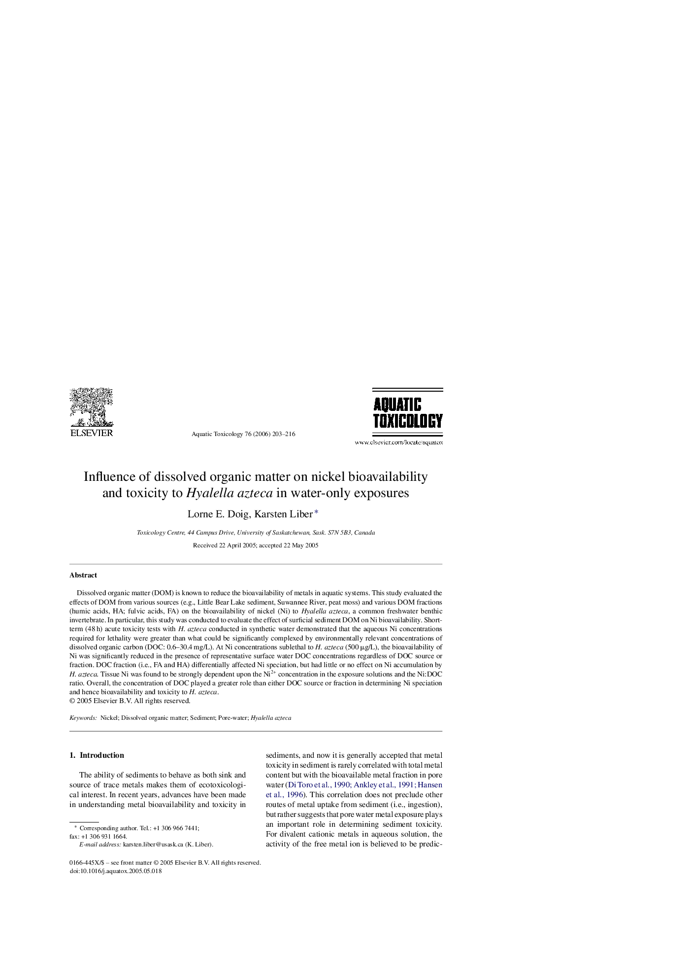 Influence of dissolved organic matter on nickel bioavailability and toxicity to Hyalella azteca in water-only exposures