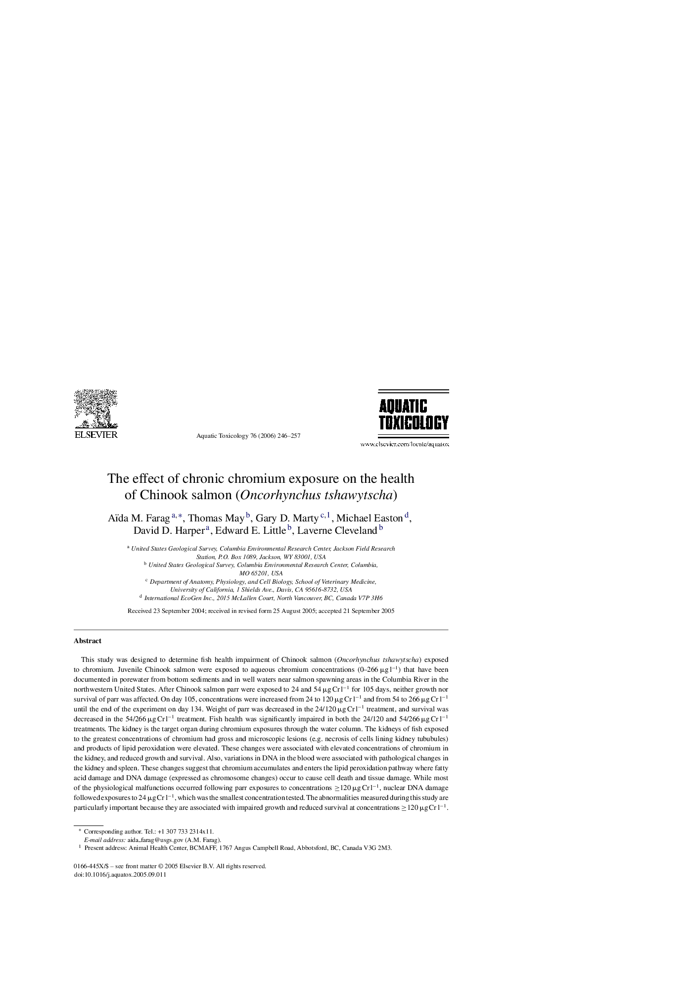 The effect of chronic chromium exposure on the health of Chinook salmon (Oncorhynchus tshawytscha)