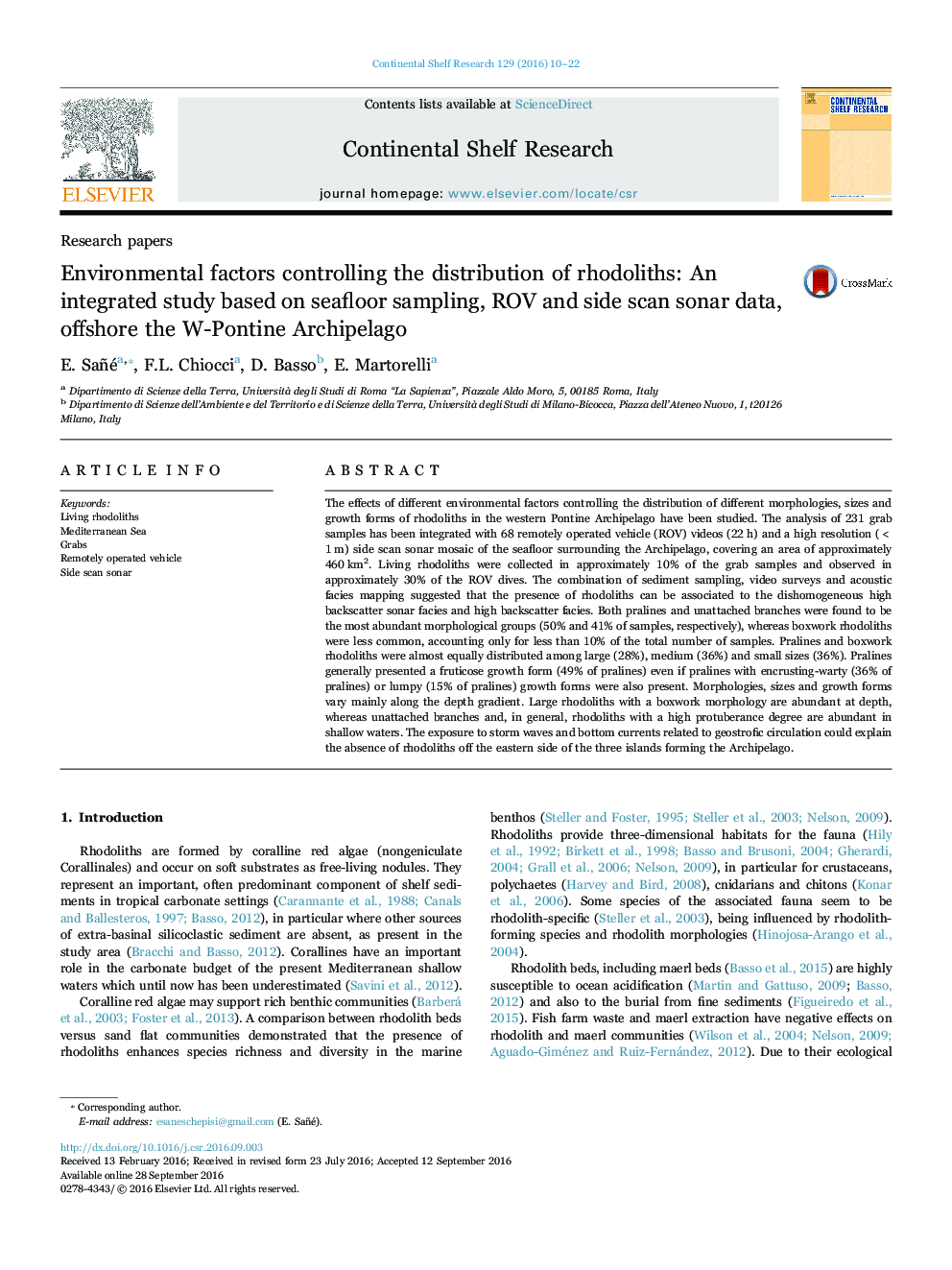 Environmental factors controlling the distribution of rhodoliths: An integrated study based on seafloor sampling, ROV and side scan sonar data, offshore the W-Pontine Archipelago