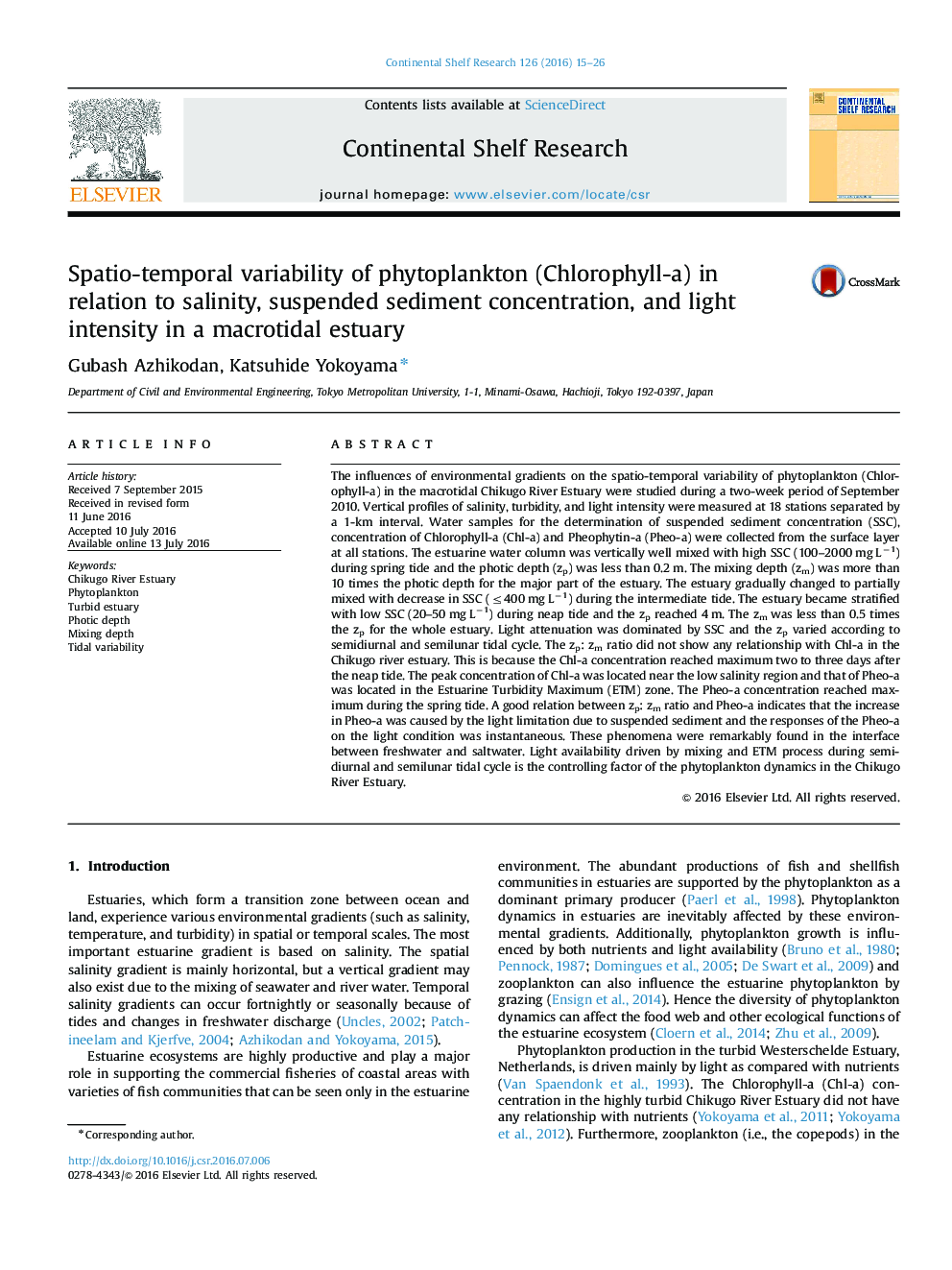 Spatio-temporal variability of phytoplankton (Chlorophyll-a) in relation to salinity, suspended sediment concentration, and light intensity in a macrotidal estuary