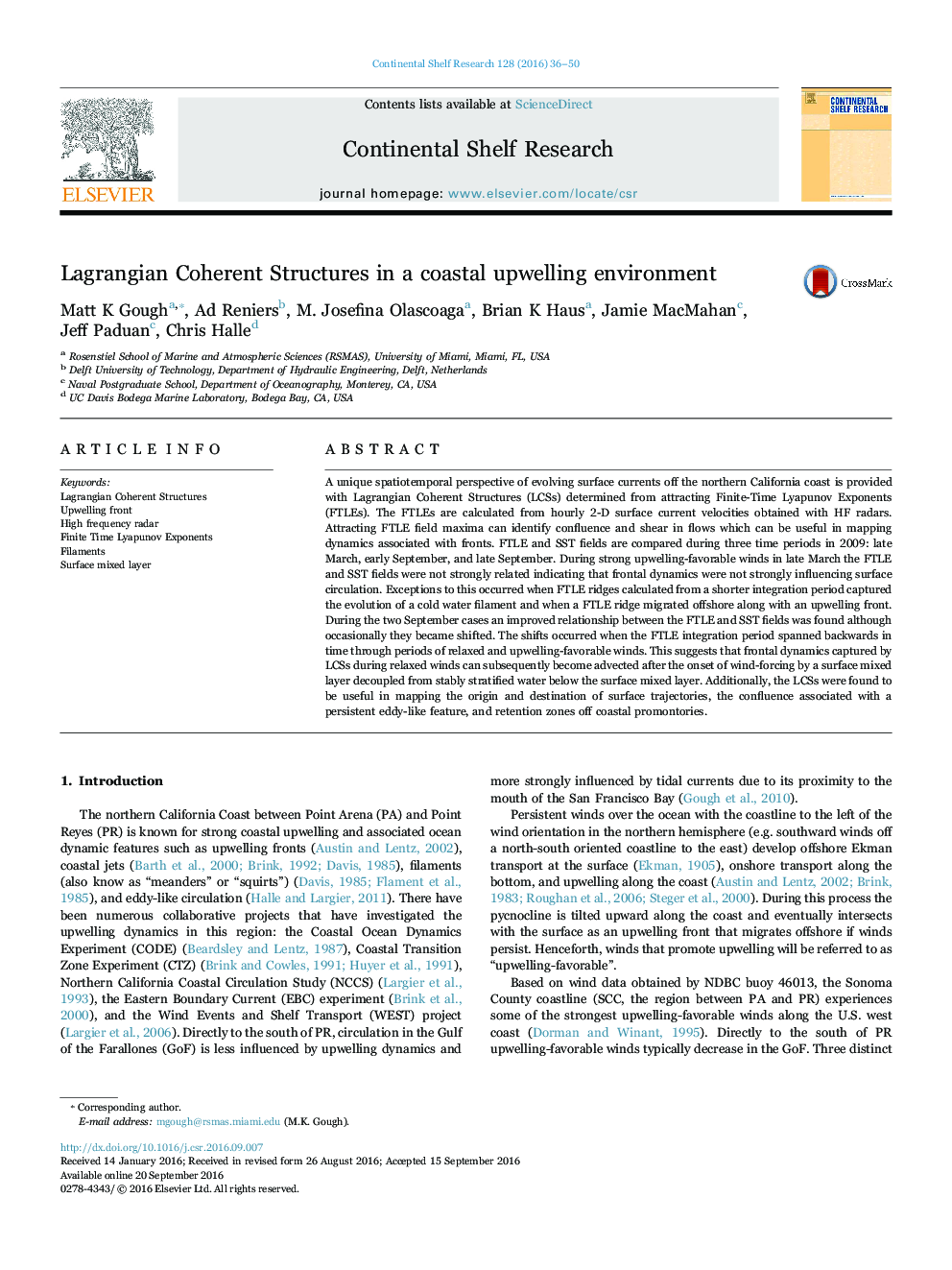 عکس صفحه اول مقاله: Lagrangian Coherent Structures in a coastal upwelling environment Lagrangian Coherent Structures in a coastal upwelling environment