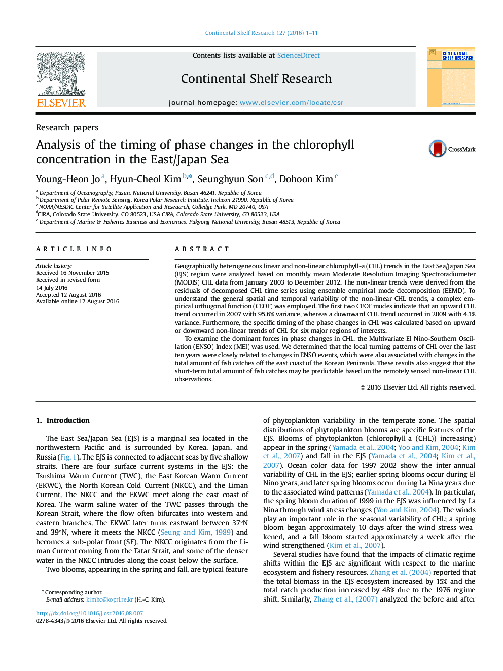 Analysis of the timing of phase changes in the chlorophyll concentration in the East/Japan Sea