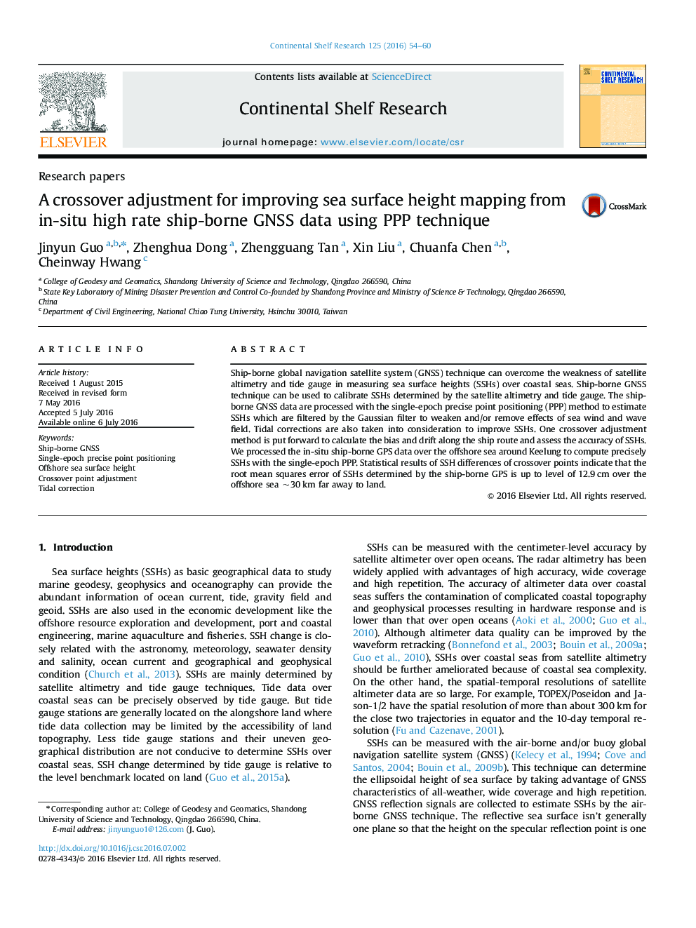 A crossover adjustment for improving sea surface height mapping from in-situ high rate ship-borne GNSS data using PPP technique