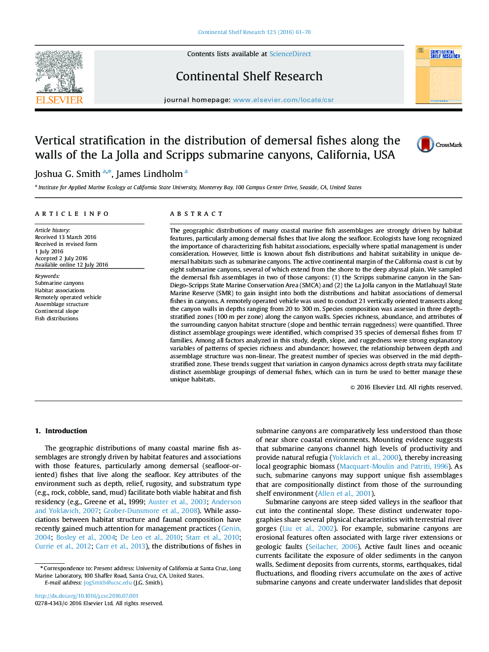 Vertical stratification in the distribution of demersal fishes along the walls of the La Jolla and Scripps submarine canyons, California, USA