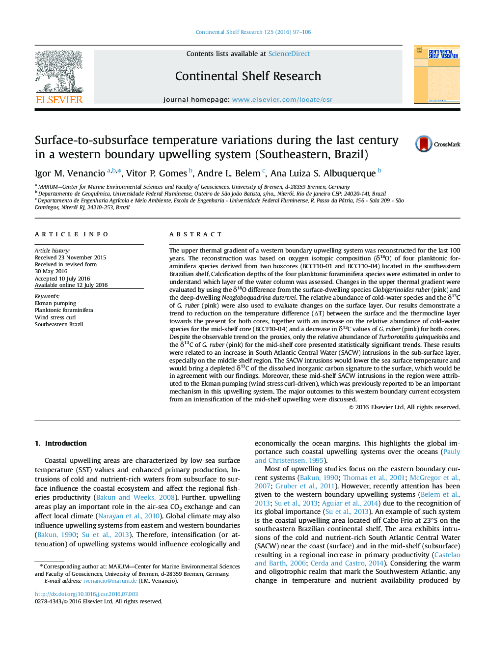 Surface-to-subsurface temperature variations during the last century in a western boundary upwelling system (Southeastern, Brazil)