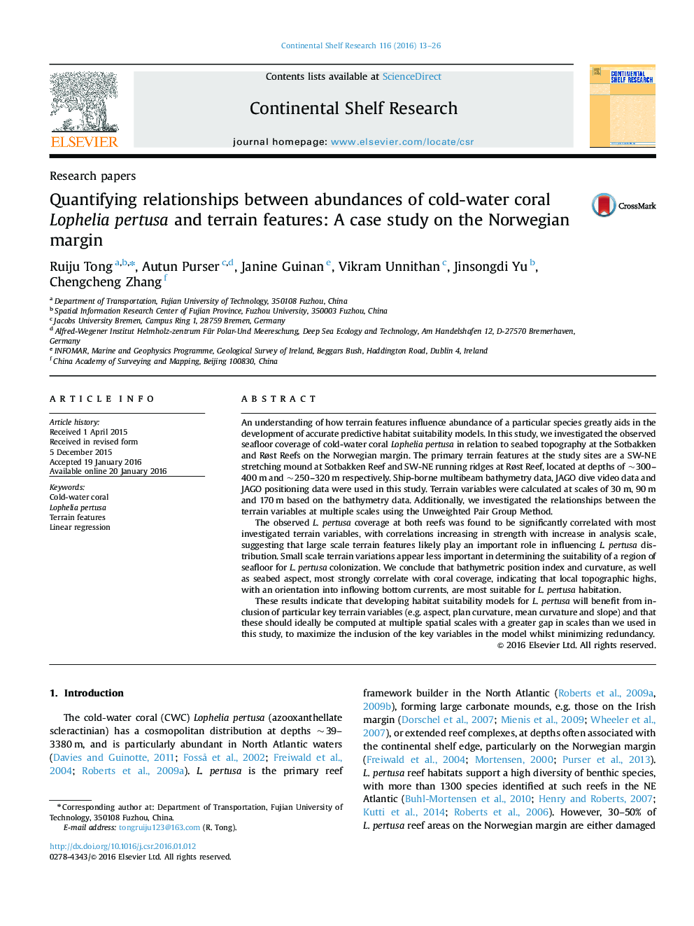 Quantifying relationships between abundances of cold-water coral Lophelia pertusa and terrain features: A case study on the Norwegian margin