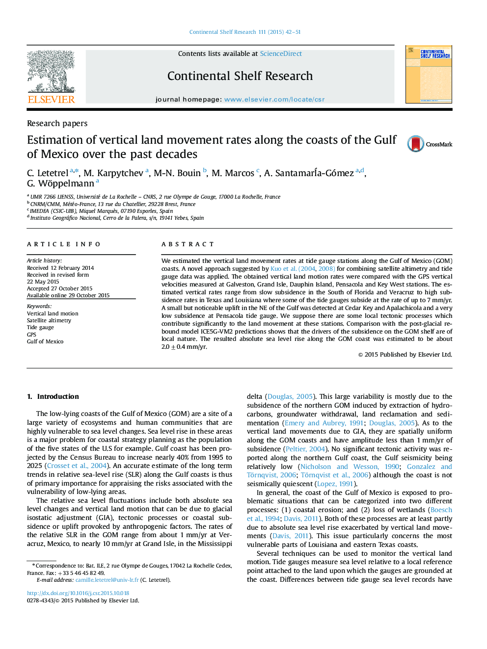 Estimation of vertical land movement rates along the coasts of the Gulf of Mexico over the past decades