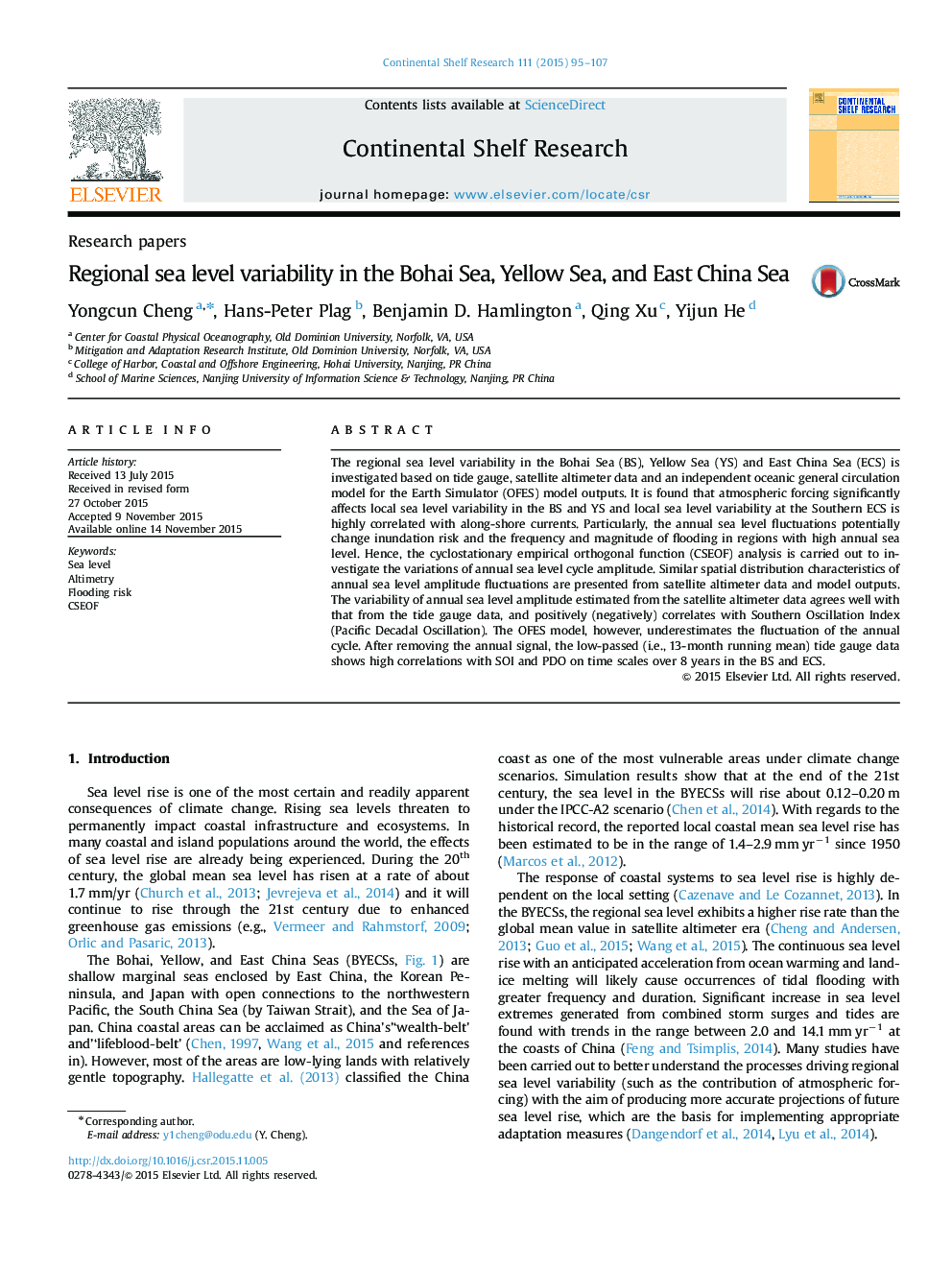 Regional sea level variability in the Bohai Sea, Yellow Sea, and East China Sea