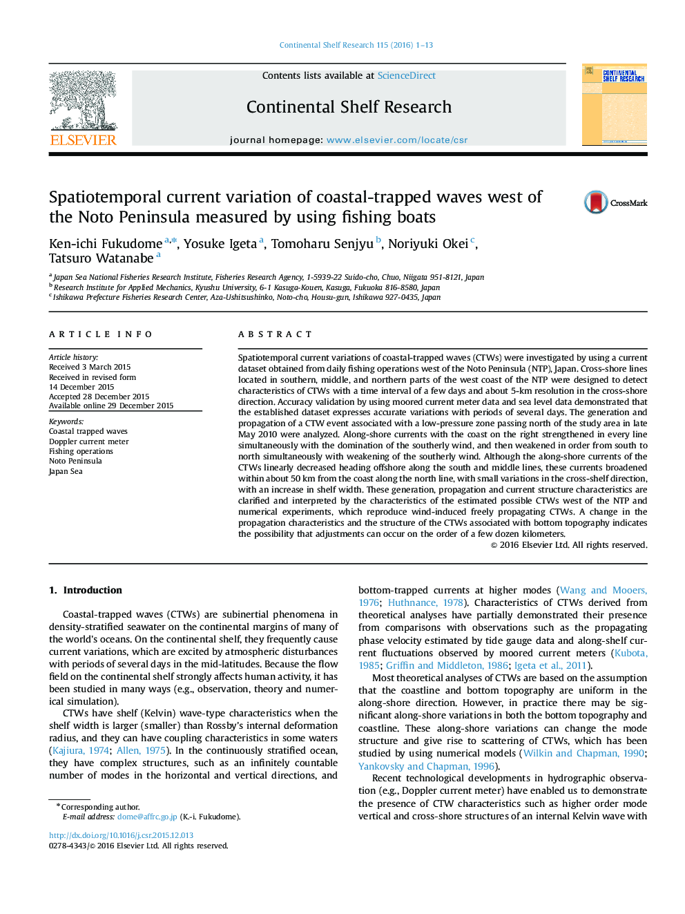 Spatiotemporal current variation of coastal-trapped waves west of the Noto Peninsula measured by using fishing boats