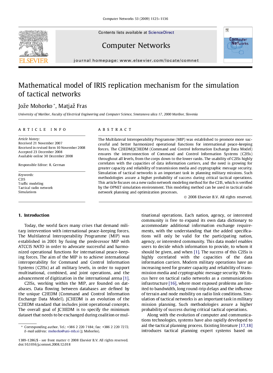 Mathematical model of IRIS replication mechanism for the simulation of tactical networks